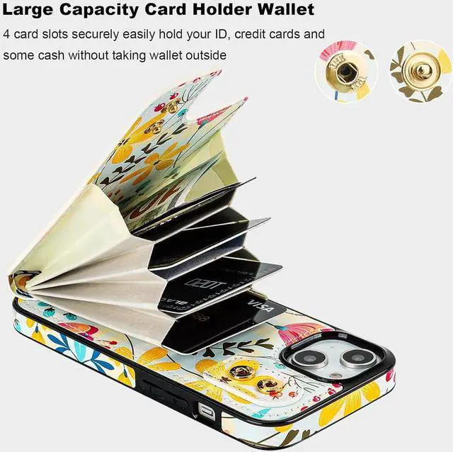 Alt view image 4 of 7 - HAOPINSH for iPhone 13/ iPhone 14 Wallet Case with Card Holder, 360°Rotation Ring Kickstand, Floral Flower Pattern, RFID Blocking Leather for Girls Women, Double Buttons Flip Protective Cover 6.1"