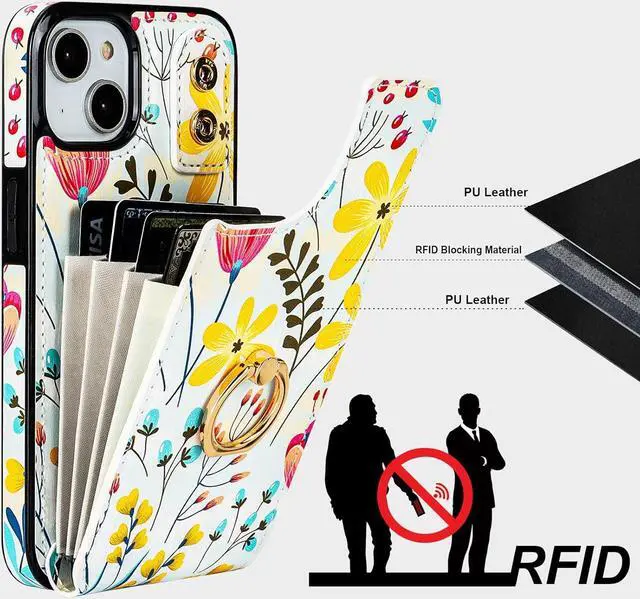 Alt view image 5 of 7 - HAOPINSH for iPhone 13/ iPhone 14 Wallet Case with Card Holder, 360°Rotation Ring Kickstand, Floral Flower Pattern, RFID Blocking Leather for Girls Women, Double Buttons Flip Protective Cover 6.1"