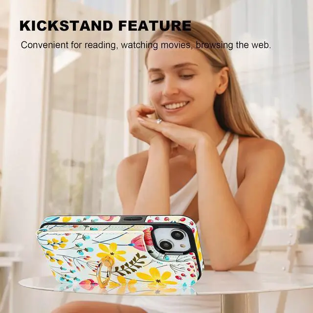 Alt view image 6 of 7 - HAOPINSH for iPhone 13/ iPhone 14 Wallet Case with Card Holder, 360°Rotation Ring Kickstand, Floral Flower Pattern, RFID Blocking Leather for Girls Women, Double Buttons Flip Protective Cover 6.1"