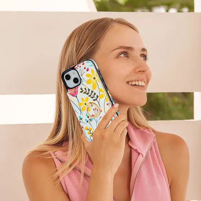 Alt view image 7 of 7 - HAOPINSH for iPhone 13/ iPhone 14 Wallet Case with Card Holder, 360°Rotation Ring Kickstand, Floral Flower Pattern, RFID Blocking Leather for Girls Women, Double Buttons Flip Protective Cover 6.1"