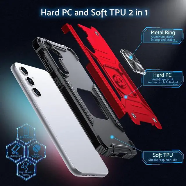 Alt view image 5 of 6 - DASFOND Galaxy S23 FE Case, Military Grade Shockproof Protective Phone Case Cover with Enhanced Metal Ring Kickstand [Support Magnet Mount] Compatible with Samsung Galaxy S23 FE, Red