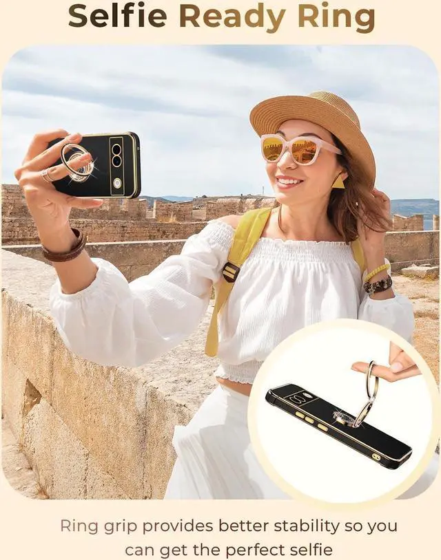 Alt view image 2 of 6 - XYZ for Pixel 7A 5G Case with Stand, for Google Pixel 7A 5G Case with Double Ring, Women Girls Bling Luxury Protective Phone Case Heart for Google Pixel 7A 5G, Black