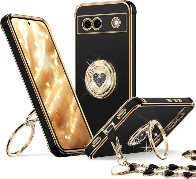 Main image of XYZ for Pixel 7A 5G Case with Stand, for Google Pixel 7A 5G Case with Double Ring, Women Girls Bling Luxury Protective Phone Case Heart for Google Pixel 7A 5G, Black