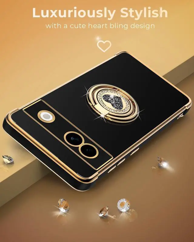 Alt view image 6 of 6 - XYZ for Pixel 7A 5G Case with Stand, for Google Pixel 7A 5G Case with Double Ring, Women Girls Bling Luxury Protective Phone Case Heart for Google Pixel 7A 5G, Black