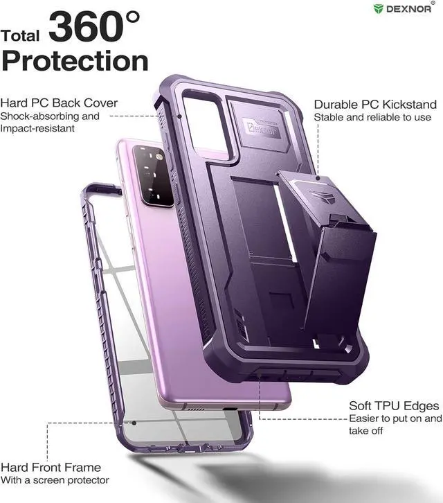 Alt view image 6 of 7 - Dexnor for Samsung Galaxy S20 FE Case, [Built in Screen Protector and Kickstand] Heavy Duty Military Grade Protection Shockproof Protective Cover for Samsung Galaxy S20 FE 5G, 6.5 inch,Phantom Purple