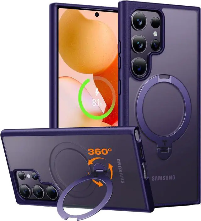 Main image of 360°Spin Magnetic Stand for Samsung Galaxy S24 Ultra Case, Compatible with Magsafe, Shockproof Military Grade Protective Slim Galaxy S24 Ultra Phone Case with Kickstand & Ring Holder, Purple