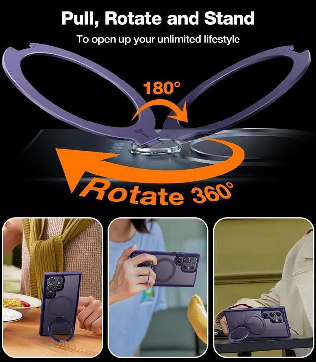 Alt view image 3 of 6 - 360°Spin Magnetic Stand for Samsung Galaxy S24 Ultra Case, Compatible with Magsafe, Shockproof Military Grade Protective Slim Galaxy S24 Ultra Phone Case with Kickstand & Ring Holder, Purple