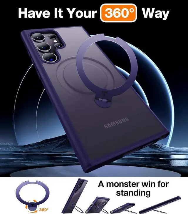 Alt view image 2 of 6 - 360°Spin Magnetic Stand for Samsung Galaxy S24 Ultra Case, Compatible with Magsafe, Shockproof Military Grade Protective Slim Galaxy S24 Ultra Phone Case with Kickstand & Ring Holder, Purple