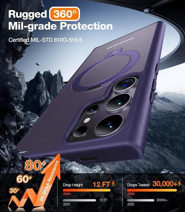 Alt view image 5 of 6 - 360°Spin Magnetic Stand for Samsung Galaxy S24 Ultra Case, Compatible with Magsafe, Shockproof Military Grade Protective Slim Galaxy S24 Ultra Phone Case with Kickstand & Ring Holder, Purple