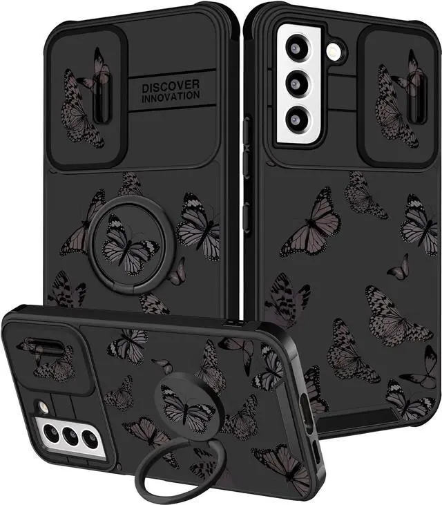 Main image of (2in1 for Samsung Galaxy S21 FE 5G Case for Women Girls Butterfly Cute Phone Cover Girly Pretty Aesthetic Black Design with Camera Cover and Ring Stand Funda for Samsung S21FE Cases 6.4''