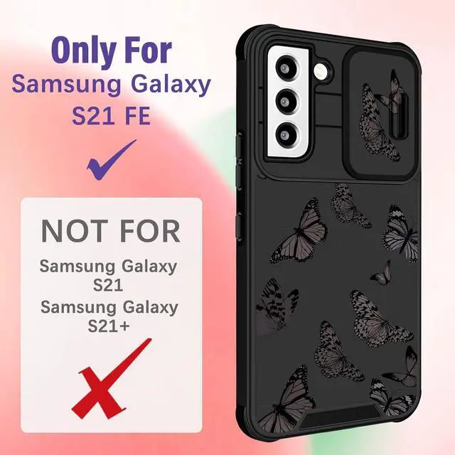 Alt view image 2 of 6 - (2in1 for Samsung Galaxy S21 FE 5G Case for Women Girls Butterfly Cute Phone Cover Girly Pretty Aesthetic Black Design with Camera Cover and Ring Stand Funda for Samsung S21FE Cases 6.4''