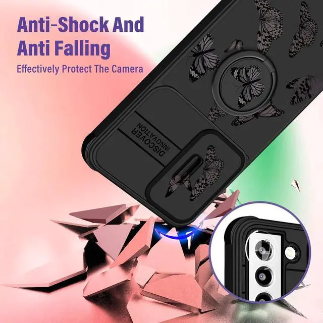 Alt view image 3 of 6 - (2in1 for Samsung Galaxy S21 FE 5G Case for Women Girls Butterfly Cute Phone Cover Girly Pretty Aesthetic Black Design with Camera Cover and Ring Stand Funda for Samsung S21FE Cases 6.4''