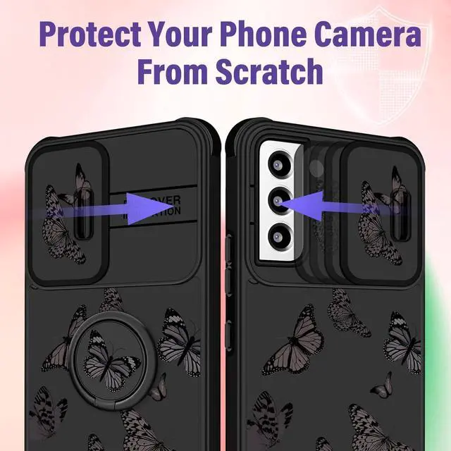 Alt view image 4 of 6 - (2in1 for Samsung Galaxy S21 FE 5G Case for Women Girls Butterfly Cute Phone Cover Girly Pretty Aesthetic Black Design with Camera Cover and Ring Stand Funda for Samsung S21FE Cases 6.4''