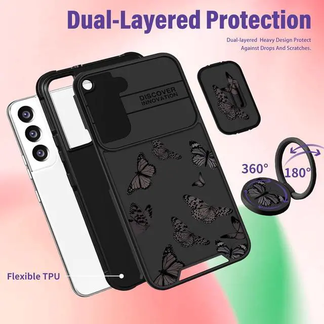 Alt view image 5 of 6 - (2in1 for Samsung Galaxy S21 FE 5G Case for Women Girls Butterfly Cute Phone Cover Girly Pretty Aesthetic Black Design with Camera Cover and Ring Stand Funda for Samsung S21FE Cases 6.4''