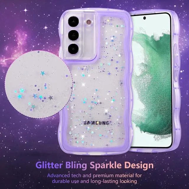 Alt view image 3 of 7 - for Samsung Galaxy S21 Plus 5G Case 6.7",Cute Curly Wave Case with Star Glitter,Clear Shiny Bling Soft TPU Shockproof Phone Protecive Case for Women Girls-Purple