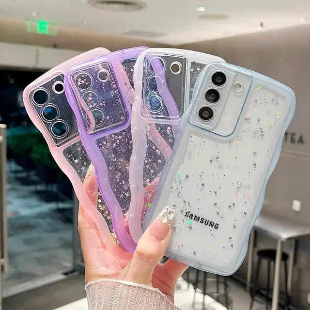 Alt view image 6 of 7 - for Samsung Galaxy S21 Plus 5G Case 6.7",Cute Curly Wave Case with Star Glitter,Clear Shiny Bling Soft TPU Shockproof Phone Protecive Case for Women Girls-Purple