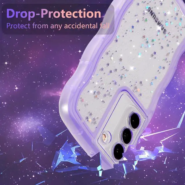 Alt view image 4 of 7 - for Samsung Galaxy S21 Plus 5G Case 6.7",Cute Curly Wave Case with Star Glitter,Clear Shiny Bling Soft TPU Shockproof Phone Protecive Case for Women Girls-Purple