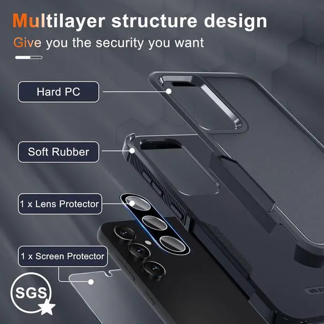 Alt view image 3 of 7 - for Samsung Galaxy S23 FE Case [NOT for S23], Full Body Heavy Duty Rugged Shockproof Protective Phone Cover with Wrist Strap Lanyard, Tempered Glass Screen Protector and Camera Lens Cover, Black Matte