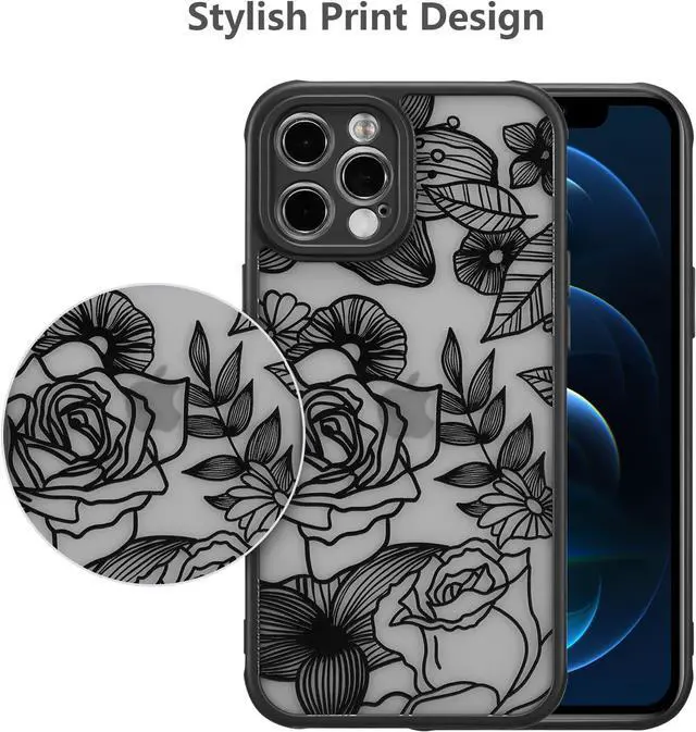 Alt view image 3 of 7 - XIZYO Designed for iPhone 13 Pro 6.1 Inch Case, Rose Pattern Floral Print Design Slim Case for Girls Women TPU Bumper Shockproof Protective Cover, Black