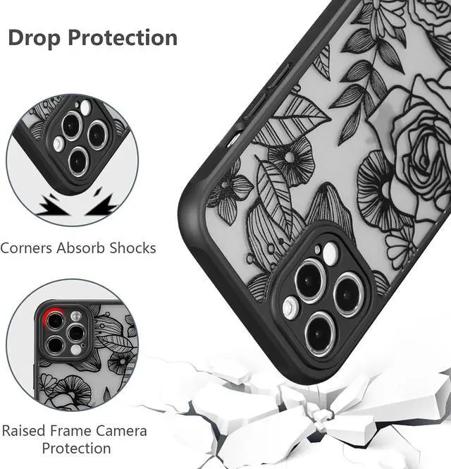 Alt view image 5 of 7 - XIZYO Designed for iPhone 13 Pro 6.1 Inch Case, Rose Pattern Floral Print Design Slim Case for Girls Women TPU Bumper Shockproof Protective Cover, Black