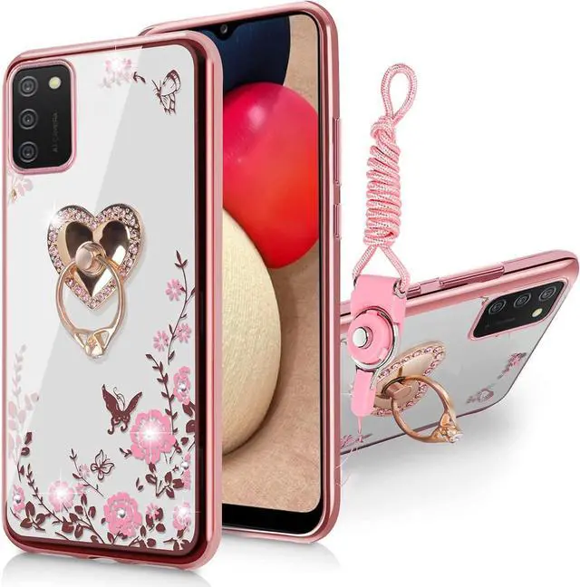 Main image of B-wishy for Samsung Galaxy A03S Case for Women, Glitter Crystal Butterfly Heart Floral Slim TPU Luxury Bling Cute Girls Protective Cover with Ring Holder Stand+Strap for Samsung A03S (Rose Gold)