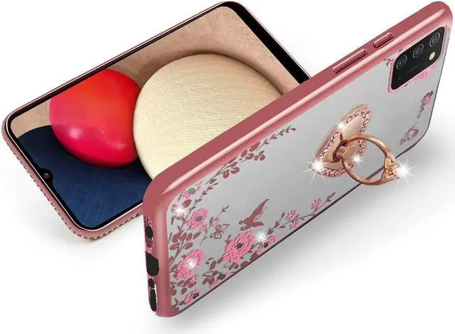 Alt view image 4 of 7 - B-wishy for Samsung Galaxy A03S Case for Women, Glitter Crystal Butterfly Heart Floral Slim TPU Luxury Bling Cute Girls Protective Cover with Ring Holder Stand+Strap for Samsung A03S (Rose Gold)