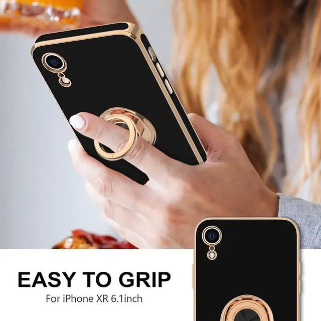 Alt view image 2 of 7 - Case for iPhone XR Case Ring Stand [360° Rotatable Ring Holder Magnetic Kickstand] Shiny Plating Rose Gold Edge Soft TPU Bumper Cover Shockproof Protective Phone Cases iPhone XR 6.1-Inch, Black