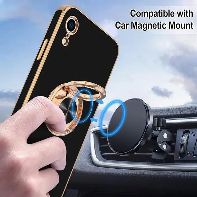 Alt view image 5 of 7 - Case for iPhone XR Case Ring Stand [360° Rotatable Ring Holder Magnetic Kickstand] Shiny Plating Rose Gold Edge Soft TPU Bumper Cover Shockproof Protective Phone Cases iPhone XR 6.1-Inch, Black