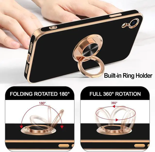 Alt view image 4 of 7 - Case for iPhone XR Case Ring Stand [360° Rotatable Ring Holder Magnetic Kickstand] Shiny Plating Rose Gold Edge Soft TPU Bumper Cover Shockproof Protective Phone Cases iPhone XR 6.1-Inch, Black
