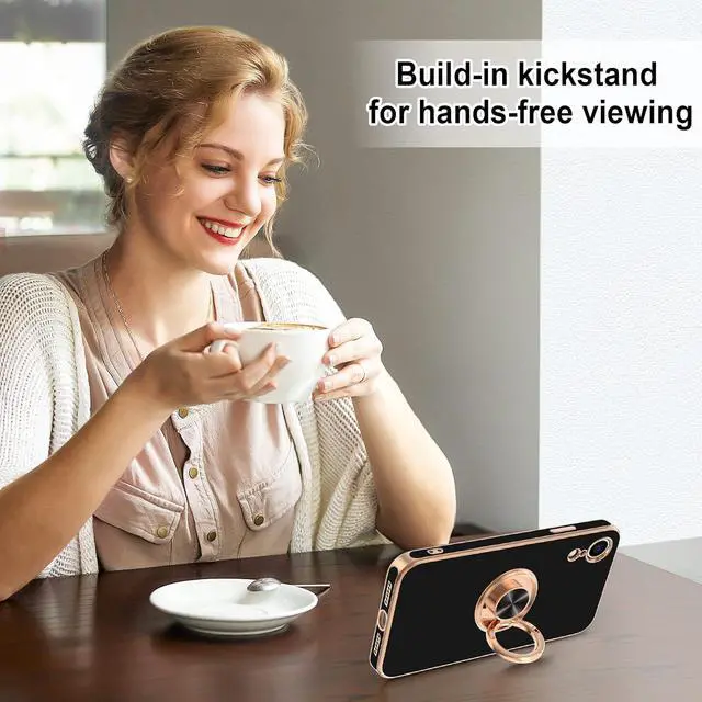 Alt view image 7 of 7 - Case for iPhone XR Case Ring Stand [360° Rotatable Ring Holder Magnetic Kickstand] Shiny Plating Rose Gold Edge Soft TPU Bumper Cover Shockproof Protective Phone Cases iPhone XR 6.1-Inch, Black