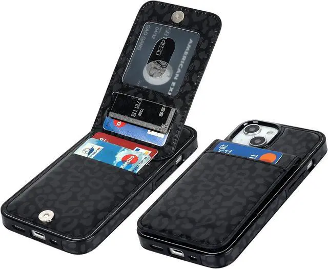 Main image of Vaburs Compatible with iPhone 13 and iPhone 14 Case Wallet with Credit Card Holder, Black Leopard Cheetah Pattern Flip Premium PU Leather Magnetic Closure Shockproof Protective Cover 6.1"