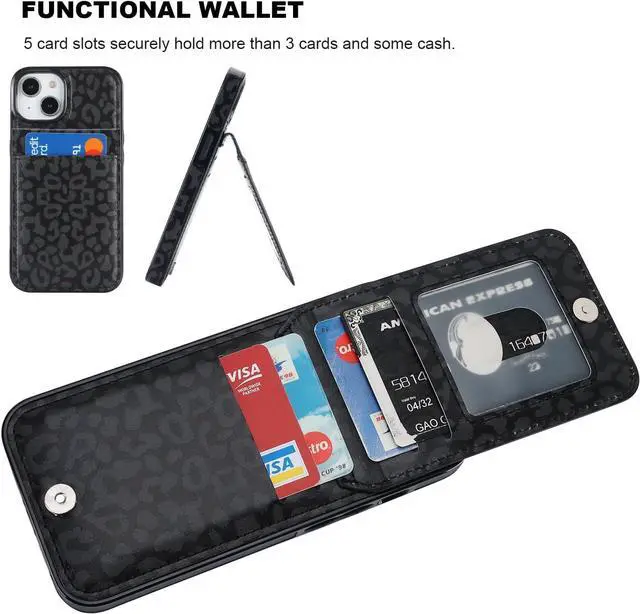 Alt view image 4 of 7 - Vaburs Compatible with iPhone 13 and iPhone 14 Case Wallet with Credit Card Holder, Black Leopard Cheetah Pattern Flip Premium PU Leather Magnetic Closure Shockproof Protective Cover 6.1"