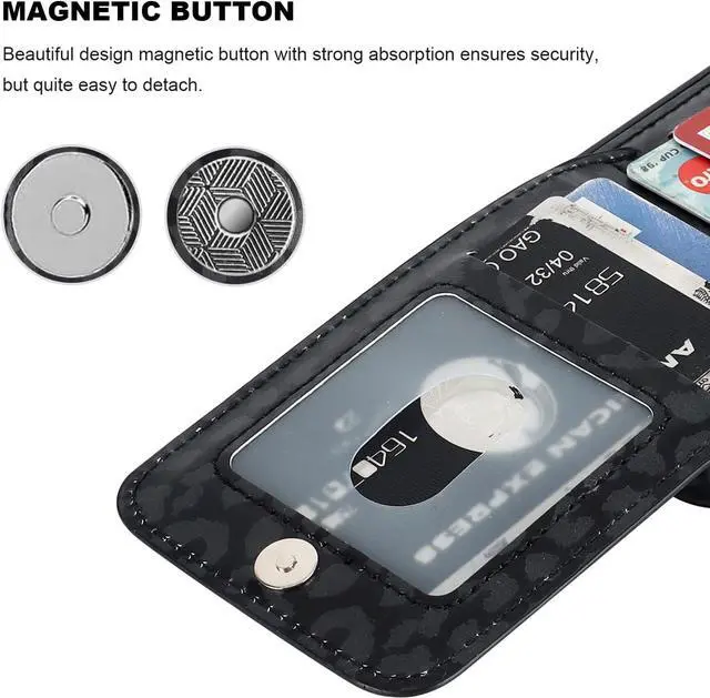 Alt view image 7 of 7 - Vaburs Compatible with iPhone 13 and iPhone 14 Case Wallet with Credit Card Holder, Black Leopard Cheetah Pattern Flip Premium PU Leather Magnetic Closure Shockproof Protective Cover 6.1"