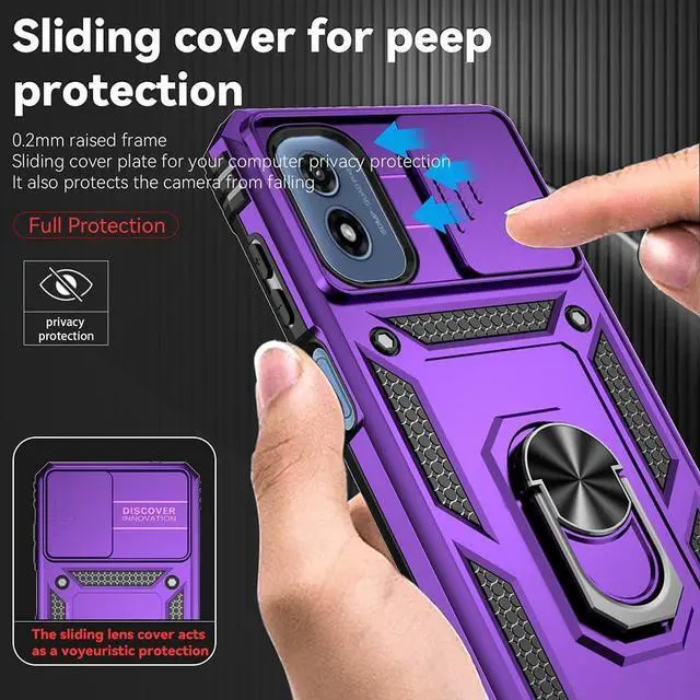 Alt view image 3 of 7 - For Moto G Play 2024 Case, Soft Silicone Rubber Bumper Hard Plastic Phone Case with [Sliding Camera Lens Cover] [360° Rotatable Kickstand Ring] [HD Screen Protector] for Motorola G Play 2024 4G Purple