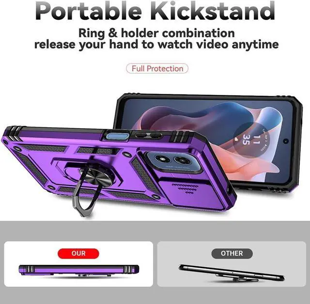 Alt view image 4 of 7 - For Moto G Play 2024 Case, Soft Silicone Rubber Bumper Hard Plastic Phone Case with [Sliding Camera Lens Cover] [360° Rotatable Kickstand Ring] [HD Screen Protector] for Motorola G Play 2024 4G Purple