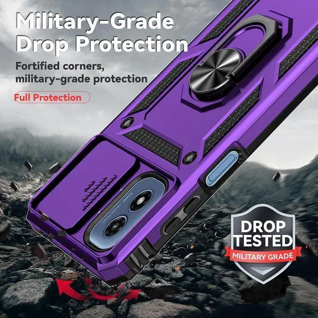 Alt view image 6 of 7 - For Moto G Play 2024 Case, Soft Silicone Rubber Bumper Hard Plastic Phone Case with [Sliding Camera Lens Cover] [360° Rotatable Kickstand Ring] [HD Screen Protector] for Motorola G Play 2024 4G Purple