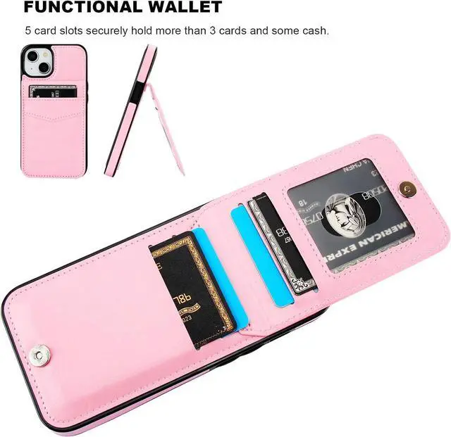 Alt view image 4 of 7 - KIHUWEY Compatible with iPhone 13 Case Wallet with Credit Card Holder, Premium Leather Magnetic Clasp Kickstand Heavy Duty Protective Cover for iPhone 13 6.1 inch (Pink)