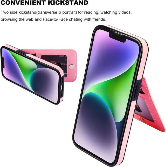 Alt view image 5 of 7 - KIHUWEY Compatible with iPhone 13 Case Wallet with Credit Card Holder, Premium Leather Magnetic Clasp Kickstand Heavy Duty Protective Cover for iPhone 13 6.1 inch (Pink)