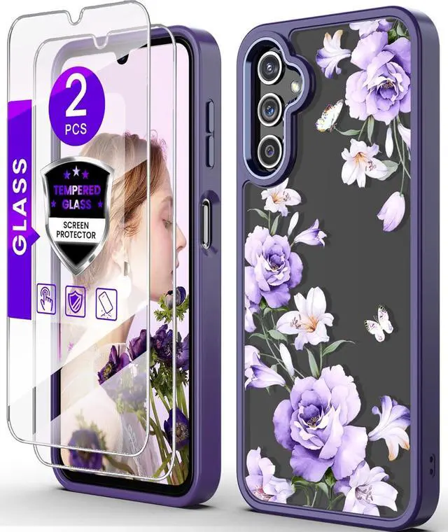Main image of for Samsung Galaxy A14 5G Case with Tempered Glass Screen Protector [2 Pack],[Military Grade Protective] Slim Soft TPU & Hard PC,Girls Women Crystal Clear Flower Pattern Cases (Deep Purple)