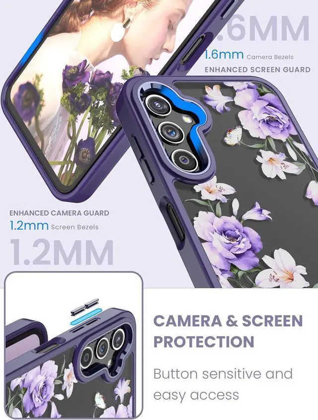 Alt view image 3 of 7 - for Samsung Galaxy A14 5G Case with Tempered Glass Screen Protector [2 Pack],[Military Grade Protective] Slim Soft TPU & Hard PC,Girls Women Crystal Clear Flower Pattern Cases (Deep Purple)
