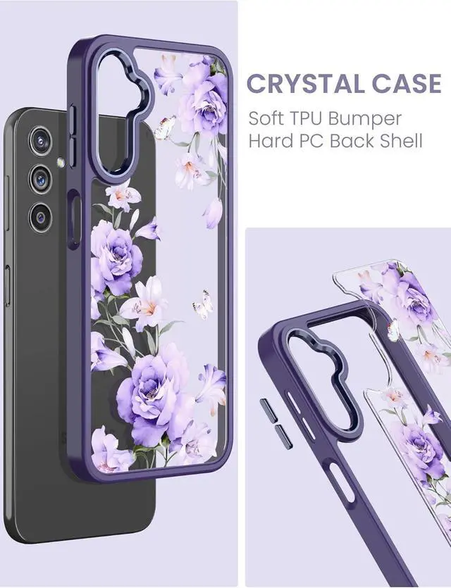 Alt view image 4 of 7 - for Samsung Galaxy A14 5G Case with Tempered Glass Screen Protector [2 Pack],[Military Grade Protective] Slim Soft TPU & Hard PC,Girls Women Crystal Clear Flower Pattern Cases (Deep Purple)
