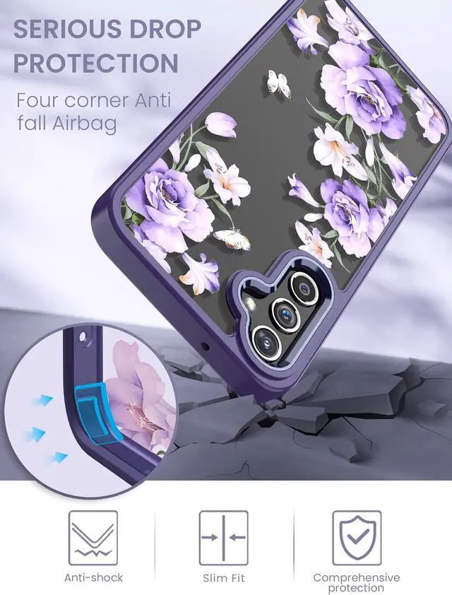 Alt view image 6 of 7 - for Samsung Galaxy A14 5G Case with Tempered Glass Screen Protector [2 Pack],[Military Grade Protective] Slim Soft TPU & Hard PC,Girls Women Crystal Clear Flower Pattern Cases (Deep Purple)