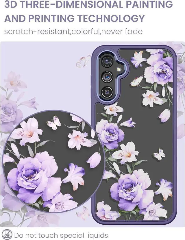 Alt view image 5 of 7 - for Samsung Galaxy A14 5G Case with Tempered Glass Screen Protector [2 Pack],[Military Grade Protective] Slim Soft TPU & Hard PC,Girls Women Crystal Clear Flower Pattern Cases (Deep Purple)