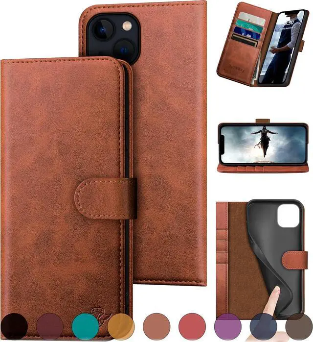 Main image of DuckSky for iPhone 15 6.1" Genuine Leather Wallet case RFID Blocking4 Credit Card HolderReal Leather Flip Folio Book Phone case Protective Cover Women Men for Apple 15 case Light Brown