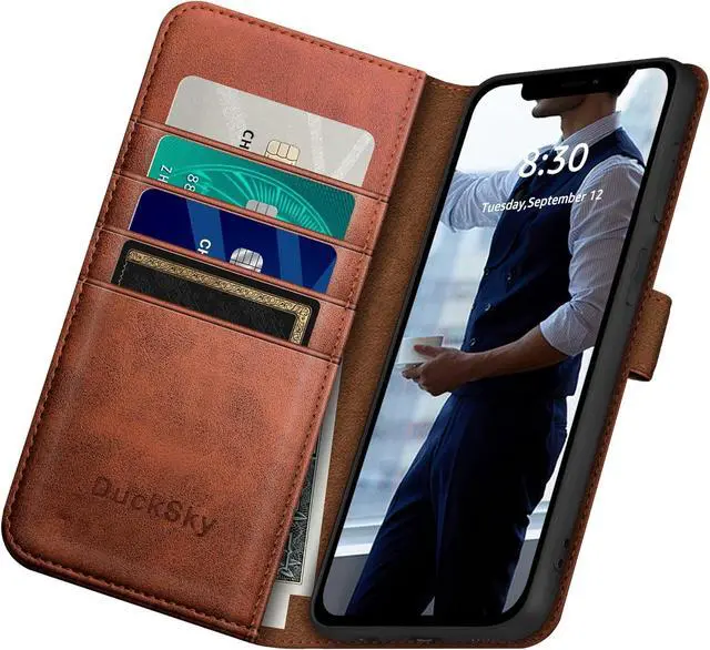 Alt view image 5 of 7 - DuckSky for iPhone 15 6.1" Genuine Leather Wallet case RFID Blocking4 Credit Card HolderReal Leather Flip Folio Book Phone case Protective Cover Women Men for Apple 15 case Light Brown