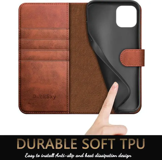 Alt view image 6 of 7 - DuckSky for iPhone 15 6.1" Genuine Leather Wallet case RFID Blocking4 Credit Card HolderReal Leather Flip Folio Book Phone case Protective Cover Women Men for Apple 15 case Light Brown