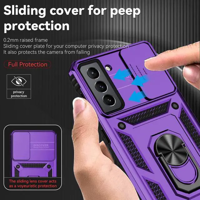 Alt view image 4 of 7 - for Samsung Galaxy S21 FE 5G Case with Camera Lens Cover HD Screen Protector, Military-Grade Drop Tested Magnetic Ring Holder Kickstand Protective Phone Case for Samsung Galaxy S21 FE 5G (Purple)