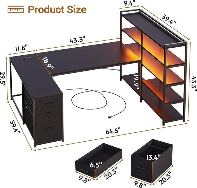 Alt view image 2 of 7 - L Shaped Gaming Desk, Reversible U Shaped Computer Desk with Power Outlet and Storage Shelves, Corner Gaming Desk with LED Lights, 3 Fabric Drawers, Black