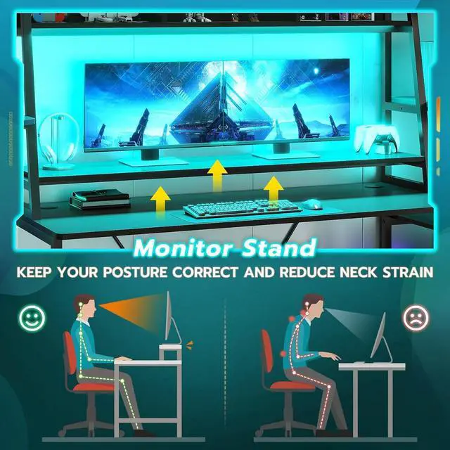 Alt view image 7 of 7 - Gaming Desk 78.8'' with LED Lights, Hutch and Storage Shelves, Computer Desk with Monitor Stand, Large PC Gamer Desk Workstation, Ergonomic Gaming Table for Bedroom, Living Room, Black