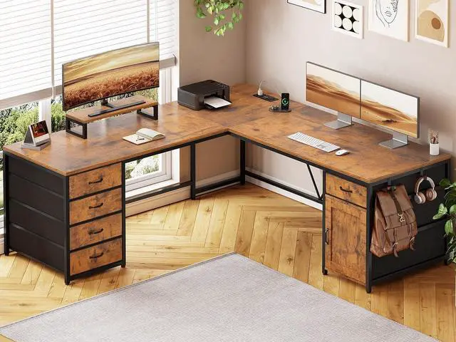 Main image of L Shaped Desk, 63" Computer Desk with 5 Drawer & Power Outlet, Long Home Office Desk or Corner Desk, L Shaped Corner Desk with Monitor Shelf, Storage Cabinet, Rustic Brown